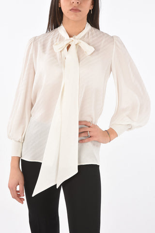 Ribbed Cuff Tie Neck Logo Silk Shirt