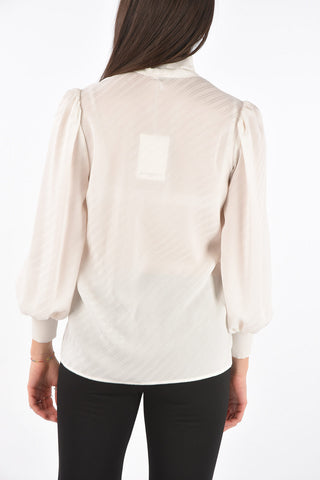 Ribbed Cuff Tie Neck Logo Silk Shirt