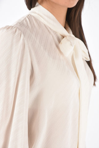 Ribbed Cuff Tie Neck Logo Silk Shirt