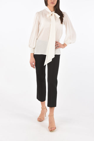 Ribbed Cuff Tie Neck Logo Silk Shirt