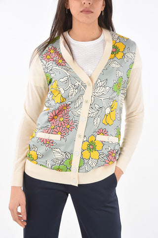 Wool BOYFRIEND Cardigan with Floral Printed Silk Front Panel