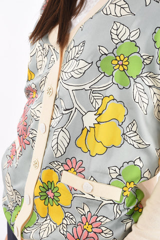 Wool BOYFRIEND Cardigan with Floral Printed Silk Front Panel