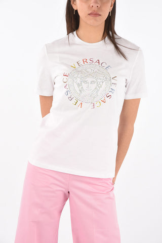 Crew Neck Strass Logo Cotton T-Shirt