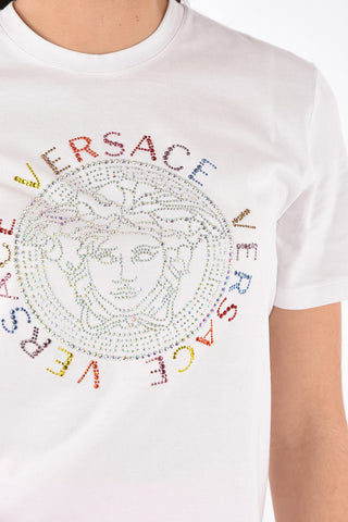 Crew Neck Strass Logo Cotton T-Shirt
