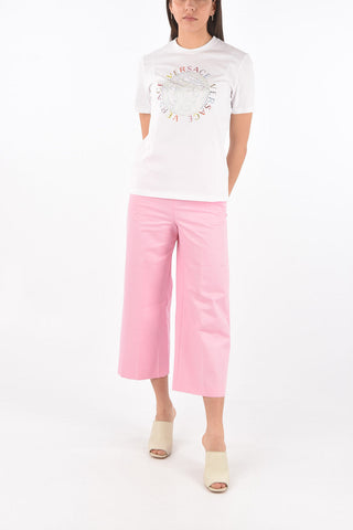 Crew Neck Strass Logo Cotton T-Shirt