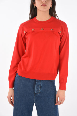 Crew Neck Horizontal Buttoned Wool Sweater