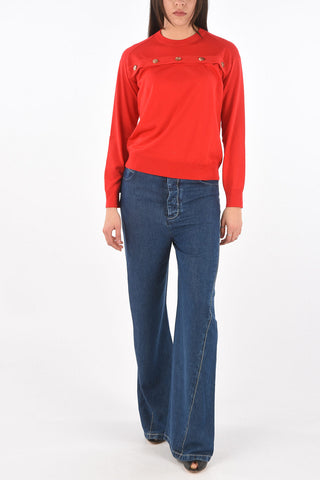 Crew Neck Horizontal Buttoned Wool Sweater