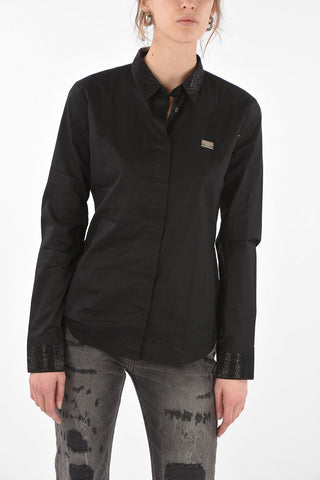 Rhinestone Embellished Collar and Cuff Cotton Shirt