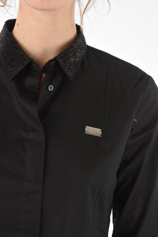 Rhinestone Embellished Collar and Cuff Cotton Shirt