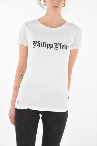 Crew Neck Strass Logo Cotton T-Shirt