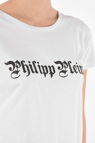 Crew Neck Strass Logo Cotton T-Shirt