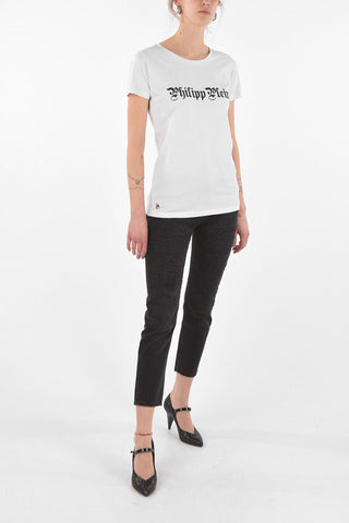 Crew Neck Strass Logo Cotton T-Shirt