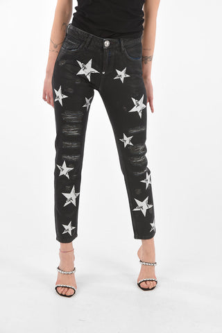 Printed NEVER GROW OLD Boyfriend Denims with Strass
