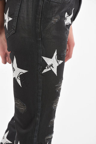 Printed NEVER GROW OLD Boyfriend Denims with Strass