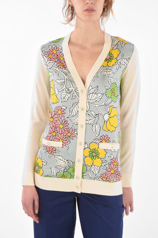 Wool BOYFRIEND Cardigan with Floral Printed Silk Front Panel