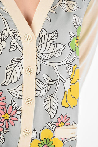 Wool BOYFRIEND Cardigan with Floral Printed Silk Front Panel