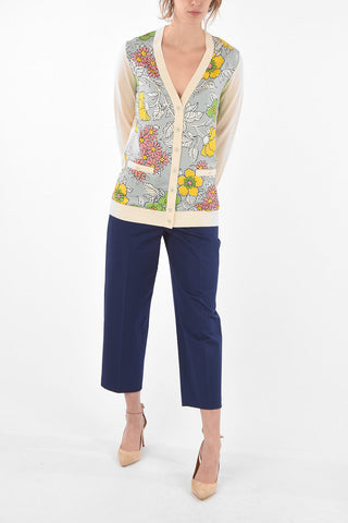 Wool BOYFRIEND Cardigan with Floral Printed Silk Front Panel