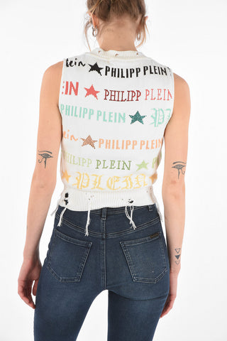 Gilet in Maglia Distressed con Strass