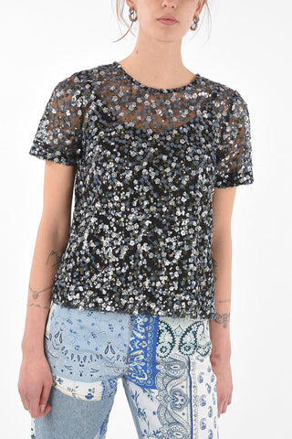 All-Over Sequined Embroidered Mesh Top