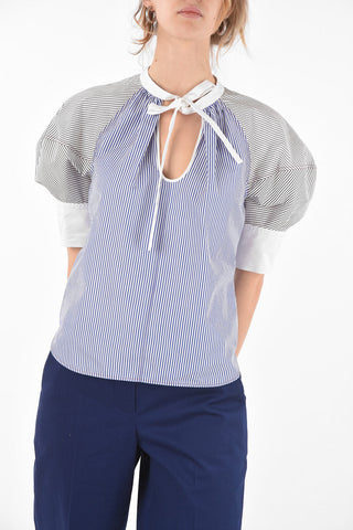 Awining-striped Tie-neck Blouse with Puff Sleeves
