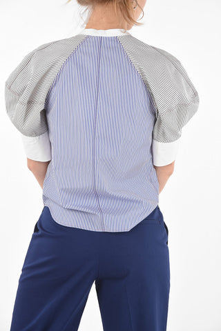Awining-striped Tie-neck Blouse with Puff Sleeves