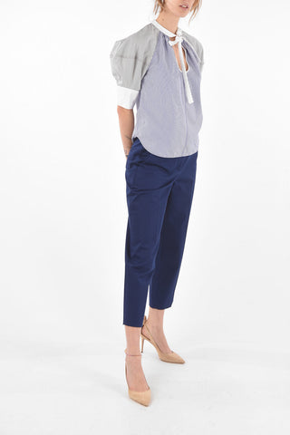 Awining-striped Tie-neck Blouse with Puff Sleeves