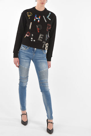 studded profile slim fit biker jeans