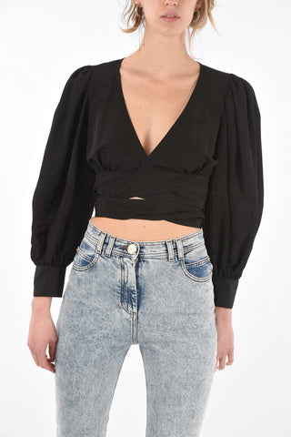 Balloon-sleeved Wrap Crop Top
