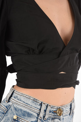 Balloon-sleeved Wrap Crop Top