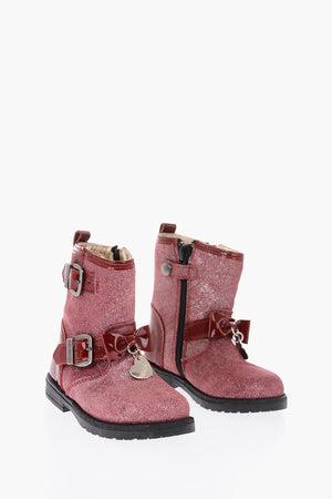 glitter biker booties with bow on the front