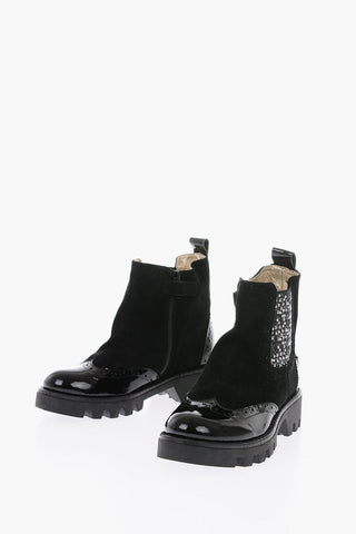 patent and suede leather boots with studs