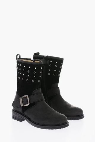 stivali biker in pelle scamociata con borchie e interno dorato