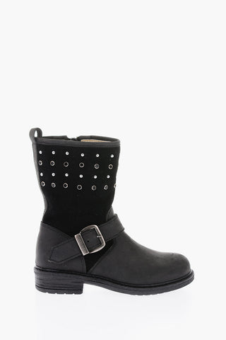 stivali biker in pelle scamociata con borchie e interno dorato