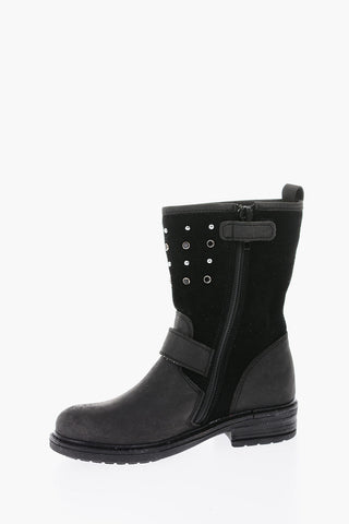 stivali biker in pelle scamociata con borchie e interno dorato