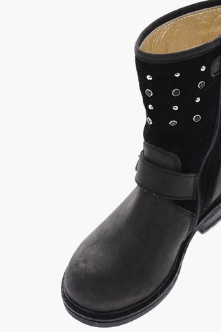 stivali biker in pelle scamociata con borchie e interno dorato
