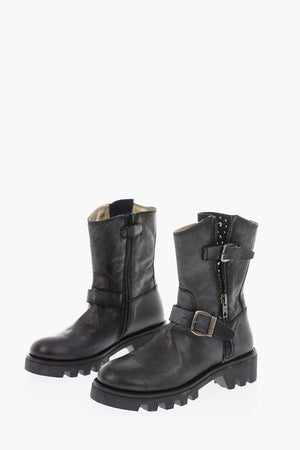 leather biker boots with side rhinestone detail