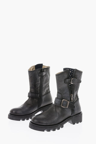 leather biker boots with side rhinestone detail