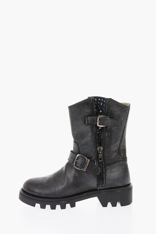 leather biker boots with side rhinestone detail