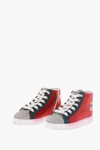 vintage effect leather and fabric NEW YORK high top sneakers