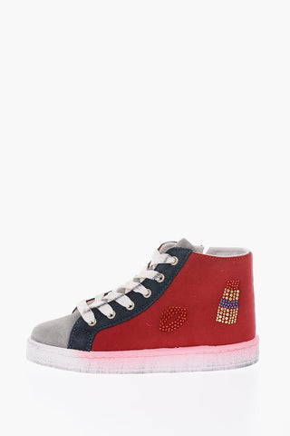 vintage effect leather and fabric NEW YORK high top sneakers
