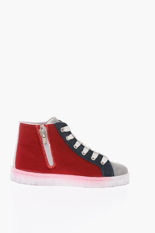 vintage effect leather and fabric NEW YORK high top sneakers