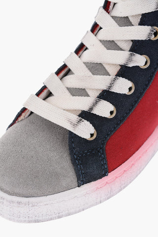 vintage effect leather and fabric NEW YORK high top sneakers
