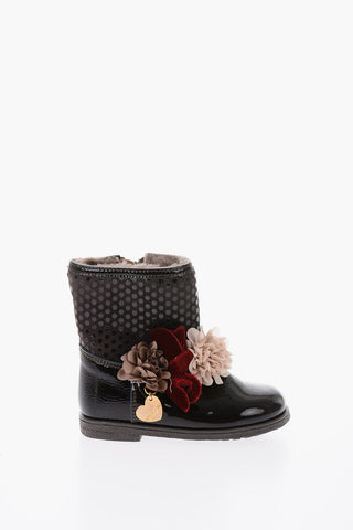 flowers Applications patent leather boots with fur inner