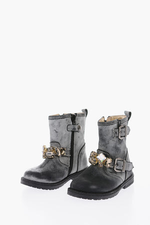 leather biker boots with with bezels