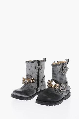leather biker boots with with bezels