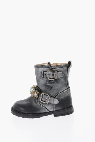 leather biker boots with with bezels