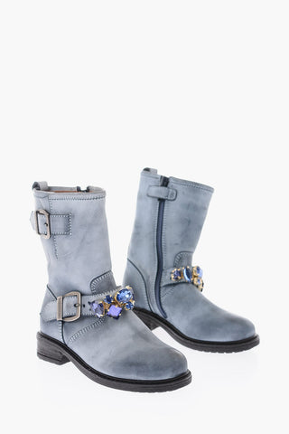 leather biker boots with with bezels