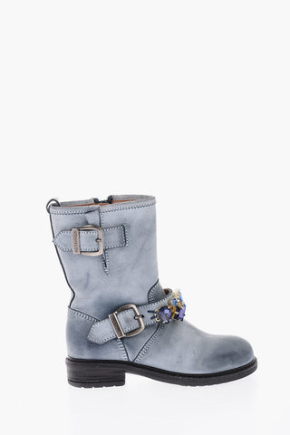 leather biker boots with with bezels