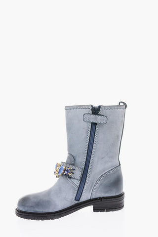 leather biker boots with with bezels