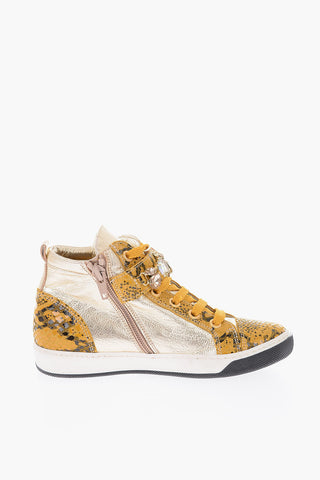 sneakers alte in pelle effetto pitone con castoni